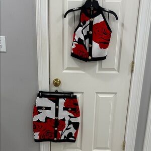 Women's Red Rose Print Two-Piece Dress Set